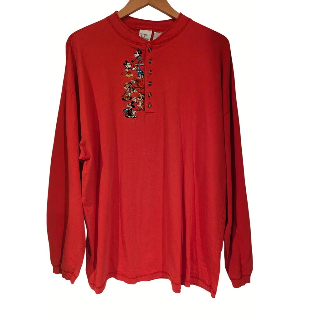 The Disney Store Mickey Mouse Henley XXL Red Embroidered Vintage Long Sleeve Tee